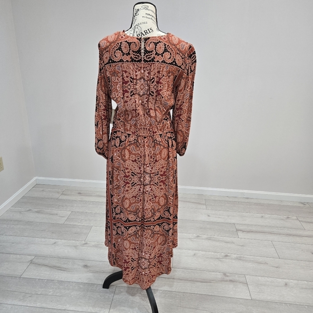 Nurture Paisley Midi Dress Medium Boho Rust Terracotta Elastic Waist V Hem - Picture 4 of 10
